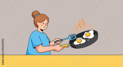 Woman Cooking Eggs in Frying Pan.