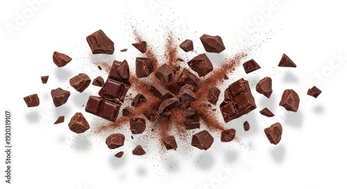 Dynamic explosion of dark chocolate chunks and cocoa powder on a white background, perfect for food concepts and confectionery.