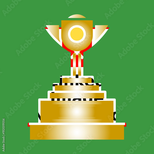 Golden trophy illustration on a green background depicting sports achievement and victory