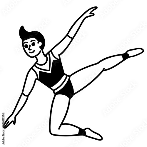 A gymnast in a dynamic pose, performing a rhythmic routine, captured in a simple illustration style from a front viewpoint.