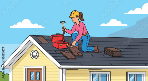 Woman Installing Roof Tiles on House.