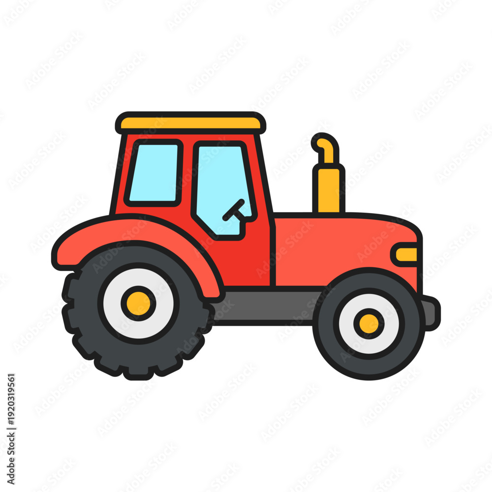 Fototapeta premium Farm tractor truck icon in cartoon flat style. Agriculture transport outline stroke vector illustration on isolated background. Colorful farming vehicle sign business concept.
