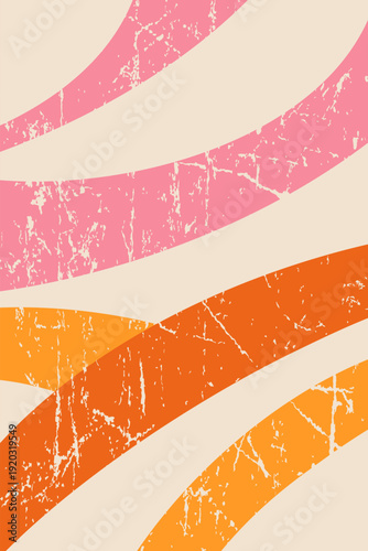 Abstract Orange, Pink, dan Beige retro 70s Abstract Background with Distressed Rainbow Curves and Vintage Grunge Texture. vector illustration