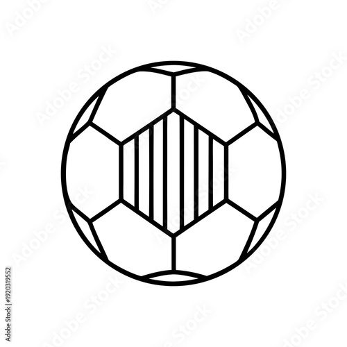 Simple black and white illustration of a soccer ball viewed from the front, showcasing its textured surface and geometric pattern.