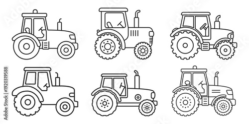 Tractor truck icon set collection in flat style. Agriculture transport linear stroke vector illustration on isolated background. Farming vehicle sign business concept.