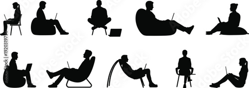 Black silhouettes of people working on laptops in various sitting and lounging positions including bean bags and office chairs isolated on white background for remote work