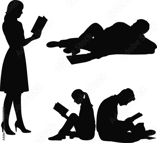 Black silhouettes of people reading books in various poses including standing sitting and laying down isolated on white background for education and literacy concepts