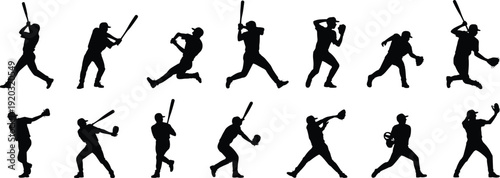 Black silhouettes of baseball players in various active poses including batting pitching and catching isolated on white background for sports and athletic competition design