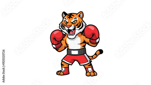 A cartoon tiger wearing red boxing gloves and shorts standing in a fighting stance against a white background with a bold and playful mood.