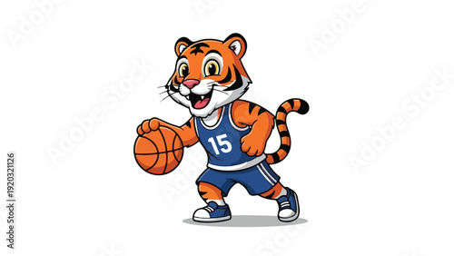 A cartoon tiger mascot wearing a blue basketball jersey and holding a basketball on a white background with a playful mood.