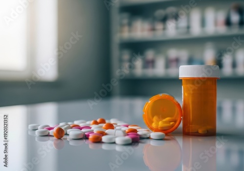 Prescription medication pills, orange pill bottles on pharmacy table. Medications requiring doctor prescription. Pharmacy drugs, health, treatment, medicine, healthcare