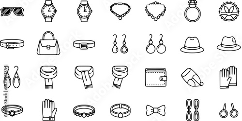 Line art icon set of fashion accessories and apparel, including jewelry, watches, hats, scarves, belts, gloves, bags, and wallets, perfect for style and retail designs.
