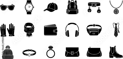 Fashion Accessories Black and White Icons Set. Collection of Stylish Personal Items, Clothing, and Jewelry.