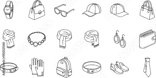 Fashion accessories and personal items line art icon set: watch, handbags, sunglasses, hats, scarves, necklace, earrings, wallet, belt, gloves, backpack, shoes, tie.