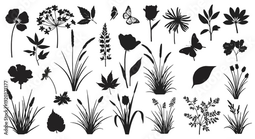 A collection of black silhouettes of various plants, flowers, and butterflies on a white background.