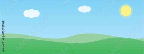 Simple vector landscape with rolling green hills, a bright yellow sun, and two white clouds against a clear blue sky, illustrating a serene natural environment.