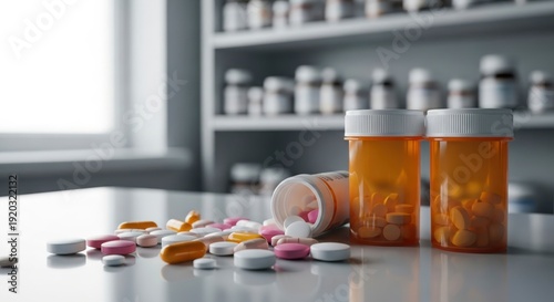 Prescription medication pills, orange pill bottles on pharmacy table. Medications requiring doctor prescription. Pharmacy drugs, health, treatment, medicine, pharmaceutical concept.