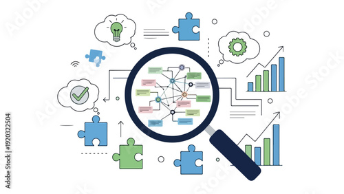 Flat lay of a magnifying glass over a colorful business strategy concept with puzzle pieces, bar graphs, and thought bubbles on a white background.