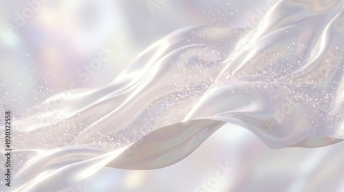 Abstract background of flowing white silk fabric with sparkling iridescent particles, creating a luxurious, elegant, and magical atmosphere