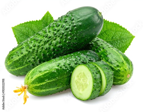 Fresh Whole and Sliced Cucumber Isolated on White