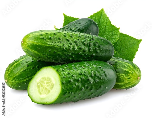 Fresh Whole and Sliced Cucumber Isolated on White