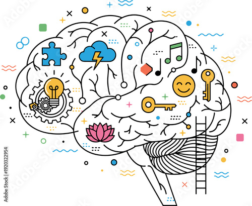 Creative human brain illustration with innovation learning music technology and idea symbols vector design