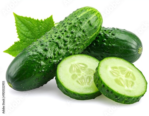 Fresh Whole and Sliced Cucumber Isolated on White