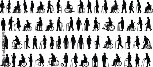Large collection of black silhouettes featuring elderly people using wheelchairs walkers and walking sticks isolated on a white background for healthcare and accessibility design