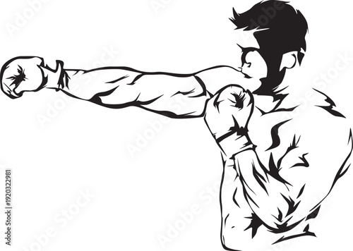 Dynamic vector illustration of a focused male boxer in a ready stance, throwing a powerful jab, emphasizing strength, determination, and the intensity of combat sports training