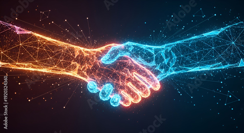 Technology Human and Digital Handshake Concept Showing Artificial Intelligence Connection Data Network Collaboration Future Innovation and Smart Business