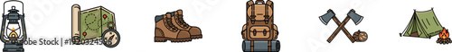 Camping and outdoor adventure icons set featuring a vintage kerosene lantern, a paper map with a compass, brown leather hiking boots, a large travel backpack with a bedroll, crossed woodcutting axes, 