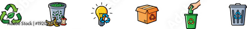Ecology and waste management icons set including a green recycling symbol with a leaf, organic waste bin with fruit scraps, a recycling-themed lightbulb, a cardboard recycling box, a hand disposing of