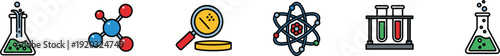 Chemistry and laboratory icons set including beakers, molecules, magnifying glass with petri dish, and an atom.