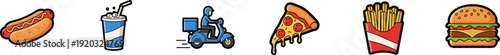 Fast food icons set including pizza, burger, fries, and delivery