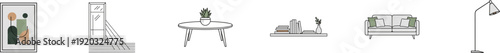 Modern minimalist interior design and furniture icons including framed wall art, a doorway, a sleek coffee table, shelving with decor, a contemporary sofa, and a floor lamp.