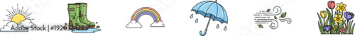 Weather icons including sun boots rainbow umbrella wind and flowers