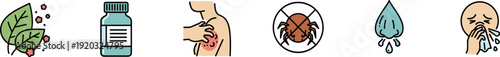 Allergy medical icons including pollen skin rash tick and sneezing