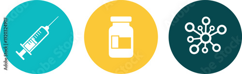 Medical vaccination icons with syringe medicine bottle and virus symbol healthcare flat vector illustration