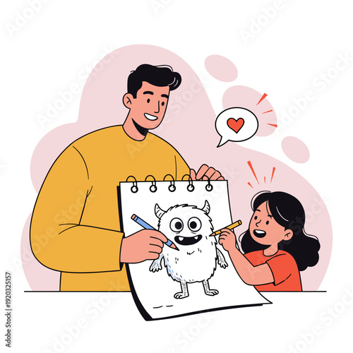 Happy father and daughter drawing a funny monster on a large sketchbook for family bonding concept and creative childhood development