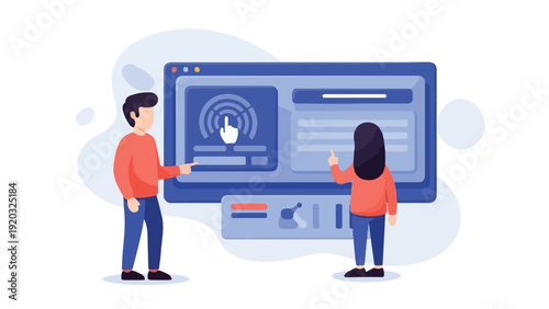 Illustration of two people standing and interacting with a large computer screen in a modern setting with a clean white background and blue tones.