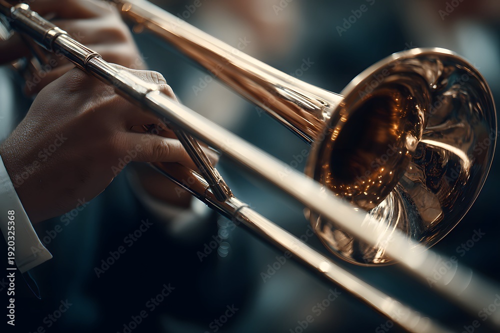 Fototapeta premium Trombone artist jamming in cool studio glow with shiny metal and smooth finger work.