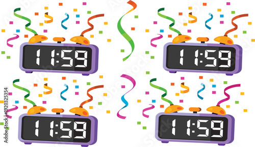 New Year Eve digital clock countdown set, purple alarm at midnight with confetti and festive streamers