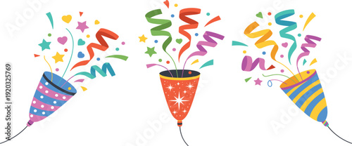 Colorful festive party popper set, surprise confetti explosion and streamers for birthday celebration or event icon