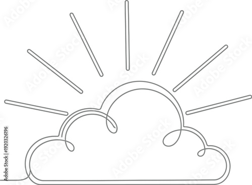 Minimalist single line drawing depicting the sun emerging brightly from behind a fluffy stylized cloud against a pure white background