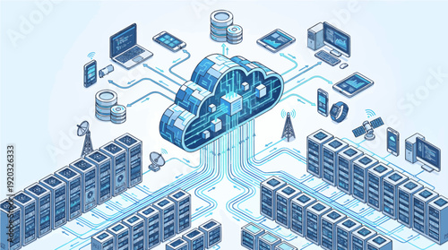 Modern Cloud Computing and Data Server Network Isometric Vector Illustration