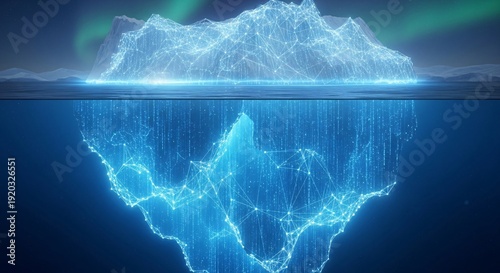Digital iceberg with glowing network structure above and below water, illuminated by aurora borealis.