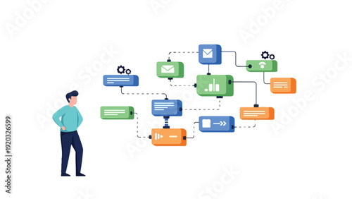 A man in a teal shirt stands beside a colorful flowchart on a clean white background with a thoughtful expression.