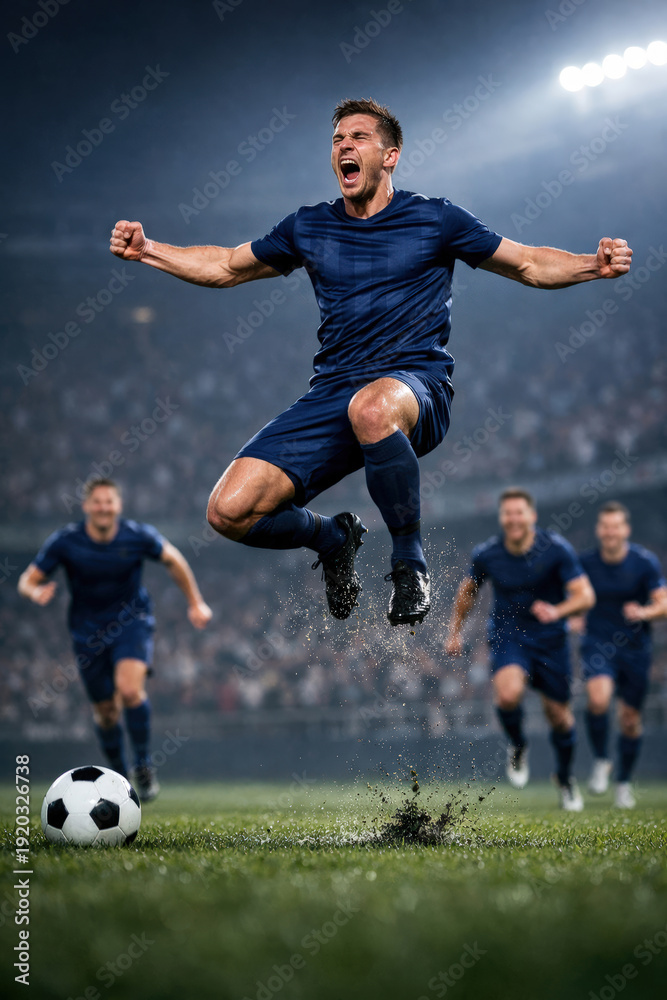 Obraz premium Male football player jumping in triumph during night match. Concept of winning spirit, peak performance, competitive success and sports marketing communication.
