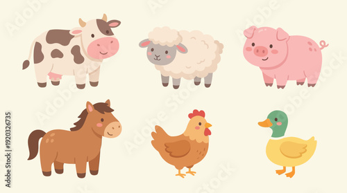 Set of charming cartoon farm animals for preschool education and decorative use