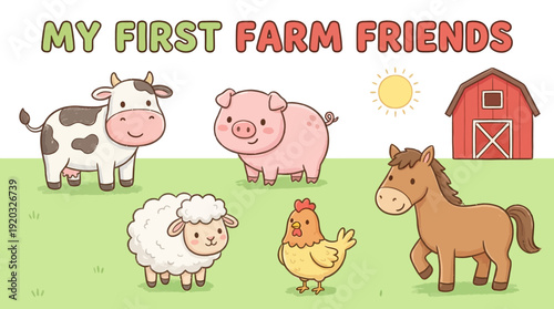 Cute and Friendly Farm Animal Collection for Children Playful Cow, Pig, Sheep, Chicken, and Horse Vector Illustration